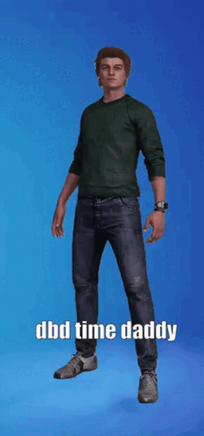 A Man In A Green Shirt And Jeans Is Jumping In The Air With The Words Dbd Time Daddy Written Below Him GIF