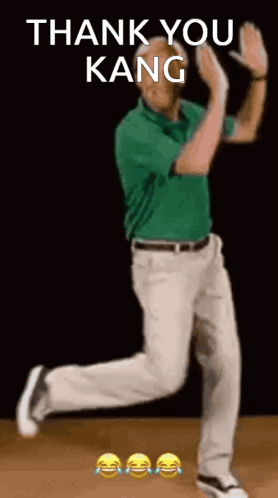A Man In A Green Shirt And White Pants Is Dancing With The Words Thank You Kang Above Him . GIF