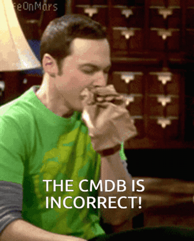 A Man In A Green Shirt Eating A Sandwich With The Words " The Cmdb Is Incorrect " Below Him GIF