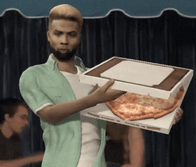 A Man In A Green Shirt Is Carrying A Pizza Box GIF
