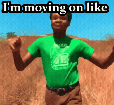 A Man In A Green Shirt Is Dancing In A Field With The Words " I 'M Moving On Like " Above Him GIF