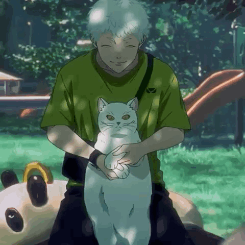 Man In Green Shirt Holding White Cat In Park GIF