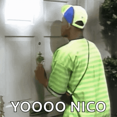 A Man In A Green Shirt Is Knocking On A Door With The Words Yoooo Nico Written On It GIF