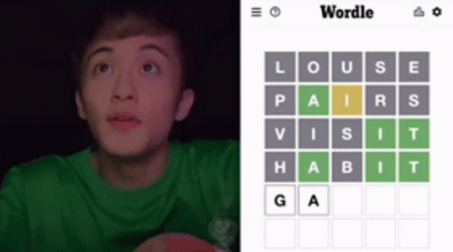 A Man In A Green Shirt Is Next To A Screen That Says Wordle GIF