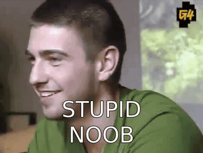A Man In A Green Shirt Is Smiling With The Words Stupid Noob Below Him GIF