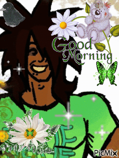 A Man In A Green Shirt Is Surrounded By Flowers And Butterflies And Says " Good Morning " GIF