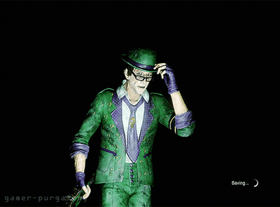 A Man In A Green Suit And Hat Is Holding A Green Stick With The Words Gamer Purgatory Below Him GIF