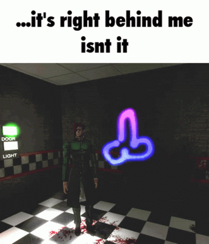 A Man In A Green Suit Is Standing In A Dark Room With A Sign That Says Door And Light GIF