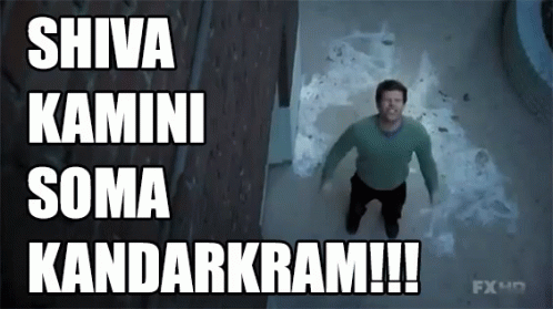 A Man In A Green Sweater Is Jumping In The Air With The Words Shiva Kamini Soma Kandarkram !!! Above Him GIF