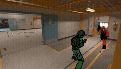 A Man In A Green Uniform Is Standing In A Room With A Fire Extinguisher And A Sign That Says B On It GIF
