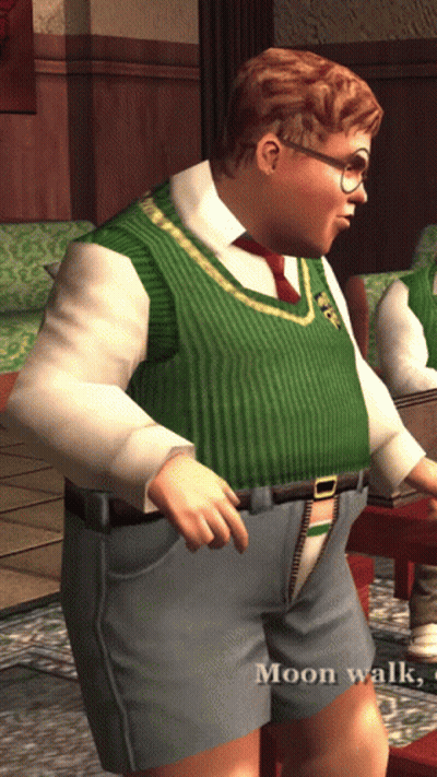 A Man In A Green Vest And Blue Shorts Is Standing In A Room With The Words Moon Walk Behind Him GIF