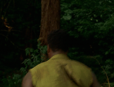 A Man In A Green Vest Is Standing In The Woods Looking At Something . GIF