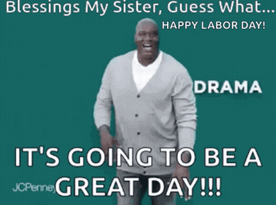 A Man In A Grey Cardigan Is Dancing In Front Of A Green Background That Says Blessings My Sister Guess What Happy Labor  GIF