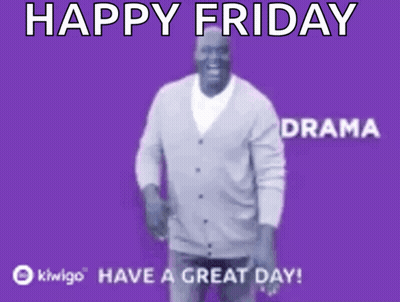 A Man In A Grey Cardigan Is Dancing On A Purple Background With The Words Happy Friday Drama Kiwigo Have A Great Day GIF