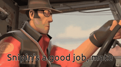 A Man In A Hat And Glasses Is Driving A Car With The Words Snipin 'S A Good Job Mate Written Below Him GIF