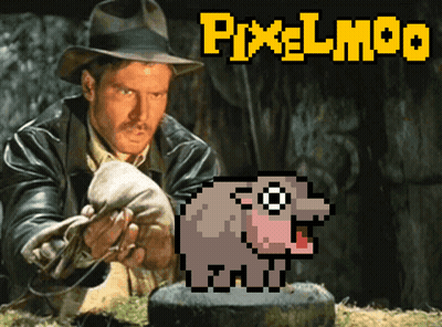A Man In A Hat And Leather Jacket Is Looking At A Pixelated Elephant And The Words Pixelmoo Are Above Him GIF