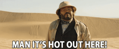 A Man In A Hat And Trench Coat Stands In The Desert With The Words Man It 'S Hot Out Here GIF