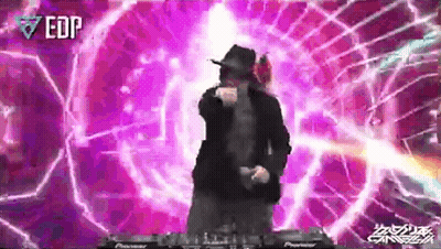 A Man In A Hat Is Dancing In Front Of A Purple Background With Edp Written On It GIF