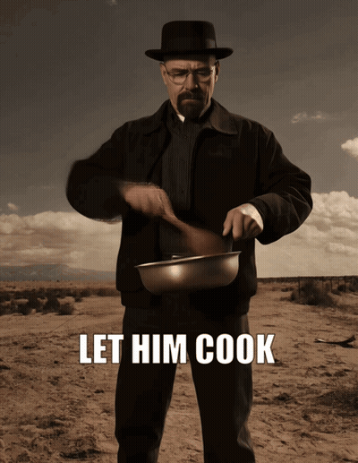 A Man In A Hat Is Holding A Bowl With The Words Let Him Cook Behind Him GIF