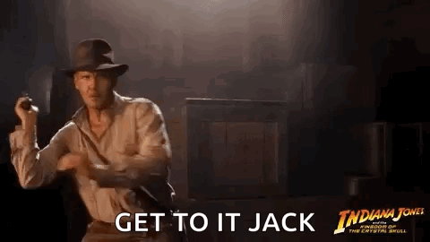 A Man In A Hat Is Holding A Gun In His Hand And Says `` Get To It Jack '' . GIF