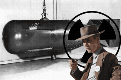 A Man In A Hat Is Holding A Magnifying Glass In Front Of A Nuclear Symbol And A Bomb GIF