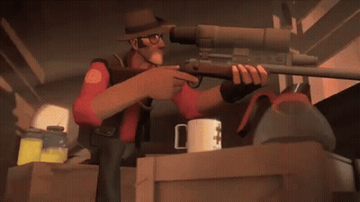 A Man In A Hat Is Pointing At A Sniper Rifle .. GIF