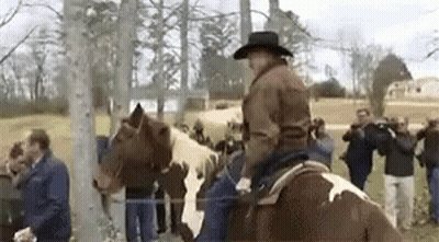 A Man In A Hat Is Riding A Horse In A Field With A Crowd Watching . GIF