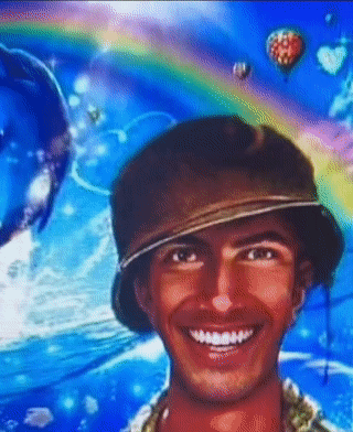 A Man In A Hat Is Smiling In Front Of A Dolphin And A Rainbow GIF