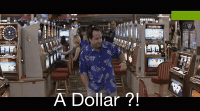 A Man In A Hawaiian Shirt Is Dancing In A Casino With The Words A Dollar ? GIF