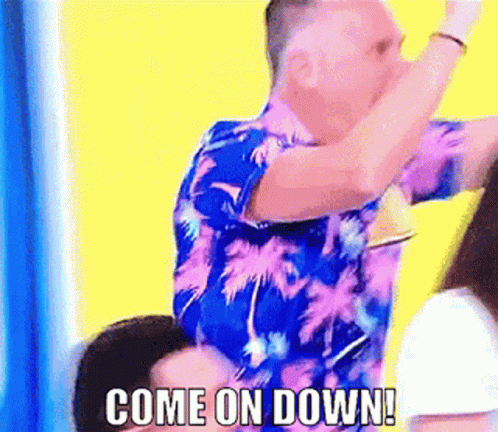 A Man In A Hawaiian Shirt Is Dancing With The Words Come On Down Below Him GIF