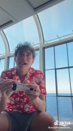 A Man In A Hawaiian Shirt Is Holding A Video Game Controller . GIF