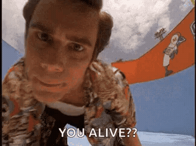 A Man In A Hawaiian Shirt Is Looking At The Camera And Says `` You Alive ? '' GIF