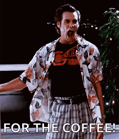 A Man In A Hawaiian Shirt Is Screaming With The Words For The Coffee Behind Him GIF