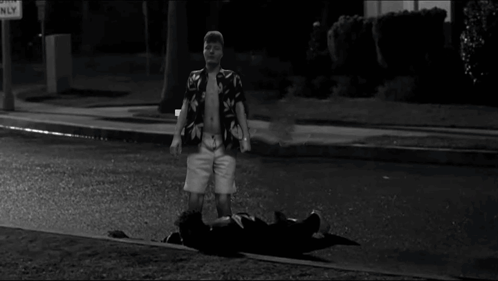 A Man In A Hawaiian Shirt Is Standing Next To A Man Laying On The Sidewalk . GIF