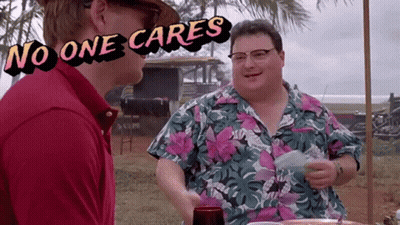 A Man In A Hawaiian Shirt Is Talking To Another Man With The Words No One Cares Written Above Him GIF