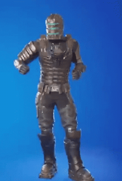 A Man In A Helmet And Armor Is Dancing In Front Of A Blue Background . GIF
