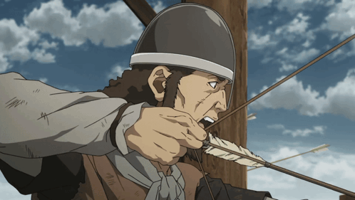 A Man In A Helmet Holds A Bow And Arrow In His Right Hand GIF