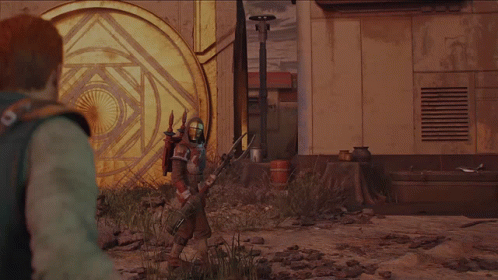 A Man In A Helmet Is Holding A Sword In Front Of A Large Door GIF