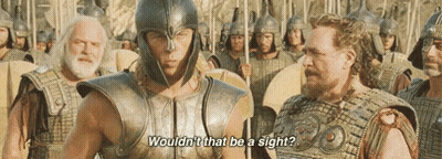 A Man In A Helmet Is Talking To Another Man In Armor In Front Of A Group Of Soldiers . GIF