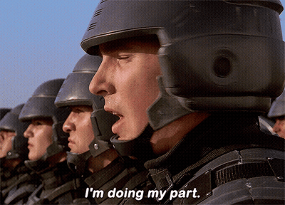 A Man In A Helmet Says " I 'M Doing My Part " In Front Of A Row Of Soldiers GIF