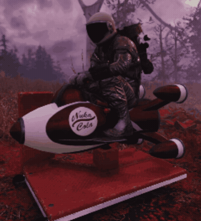 A Man In A Helmet Sits On A Red And White Rocket That Says Nuka Cola GIF