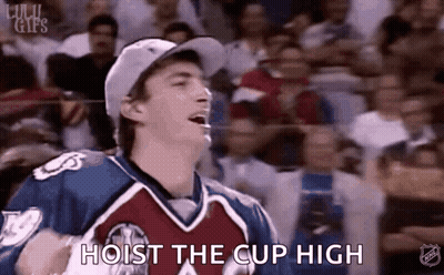 A Man In A Hockey Uniform Is Holding A Hockey Puck In Front Of A Crowd And Says `` Hoist The Cup High '' . GIF