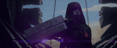 A Man In A Hood Is Carrying A Purple Box GIF
