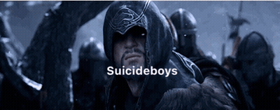 A Man In A Hood With The Words Suicideboys On The Bottom Right GIF