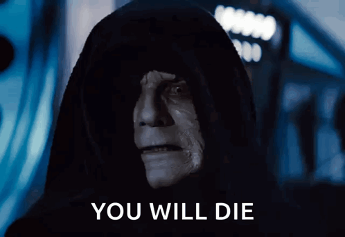 A Man In A Hood With The Words " You Will Die " Written Below Him GIF
