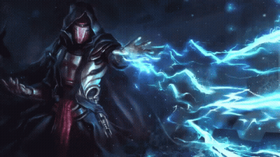 A Man In A Hooded Cape Is Holding A Lightning Bolt In His Hands GIF