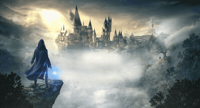 A Man In A Hooded Cape Stands On A Cliff In Front Of A Castle In The Clouds GIF