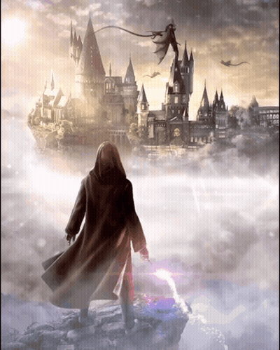 A Man In A Hooded Cloak Stands On A Rock In Front Of A Castle And Dragons GIF