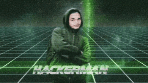 A Man In A Hooded Jacket Is Standing In Front Of A Green Grid With The Word Hackerman On It GIF