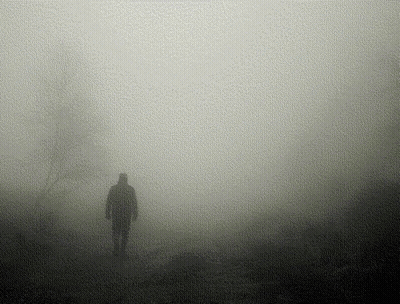 A Man In A Hooded Jacket Is Walking Through The Fog GIF